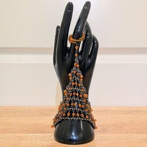 NWT Beckwoman Orange Bead Silvertone Chain Bracelet with Ring Hathphool